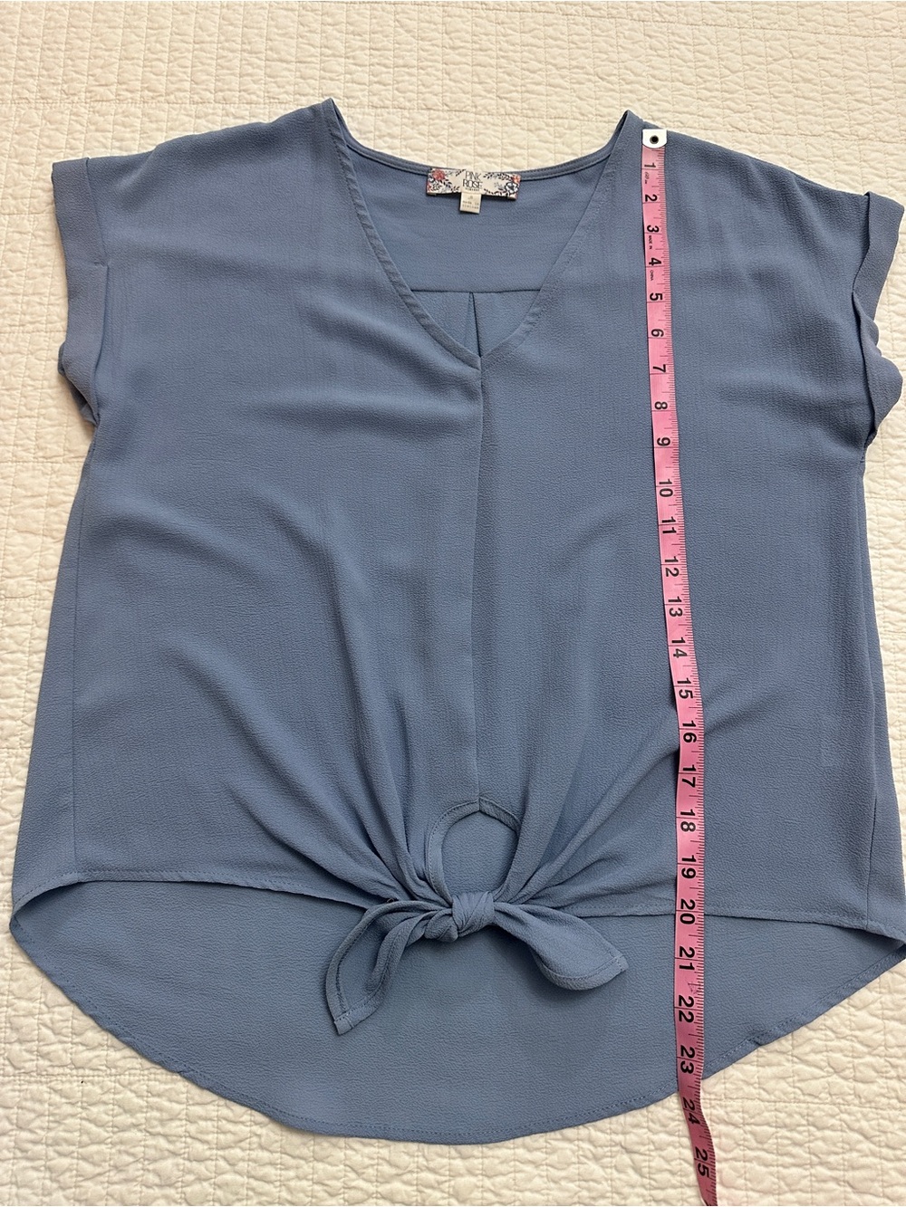 Pink Rose Blue Blouse Small Tie-Front V-Neck Blouse New without tags - Picture 5 of 6
